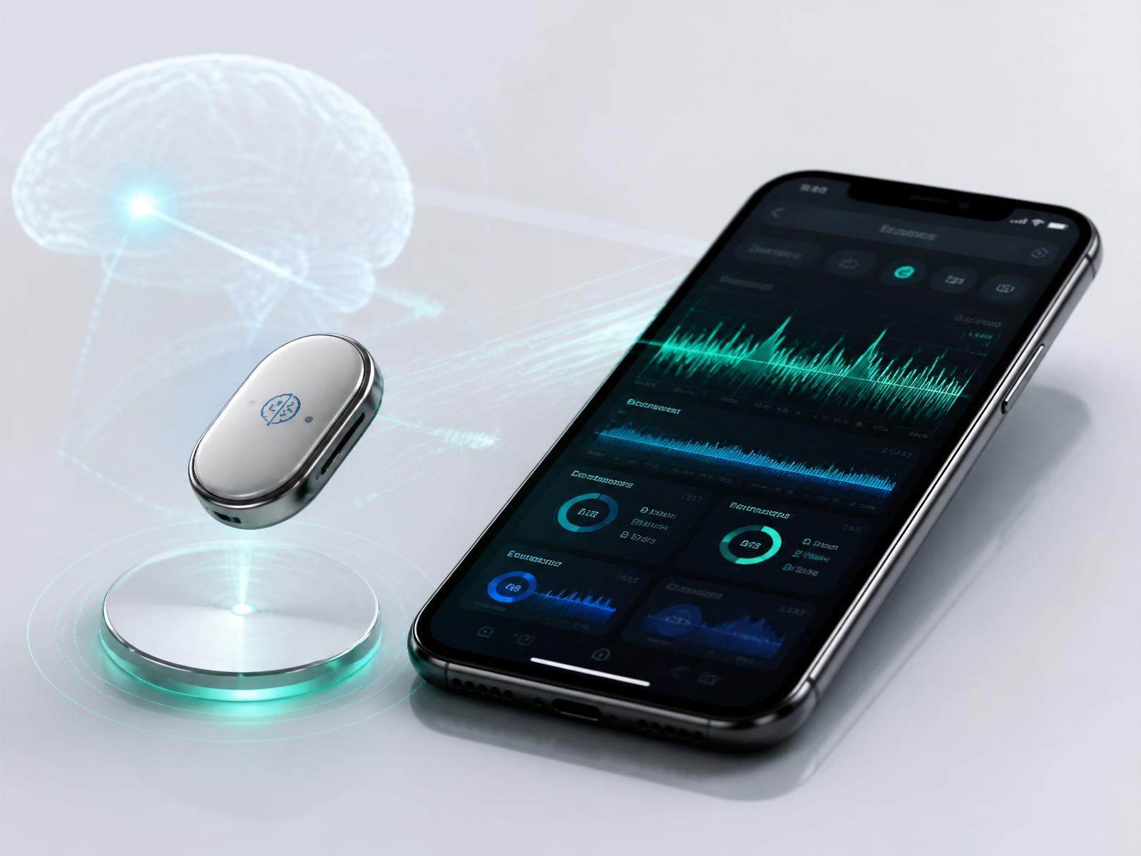 ICP Monitor wireless subcutaneous sensor next to a mobile dashboard showing continuous ICP waveforms
